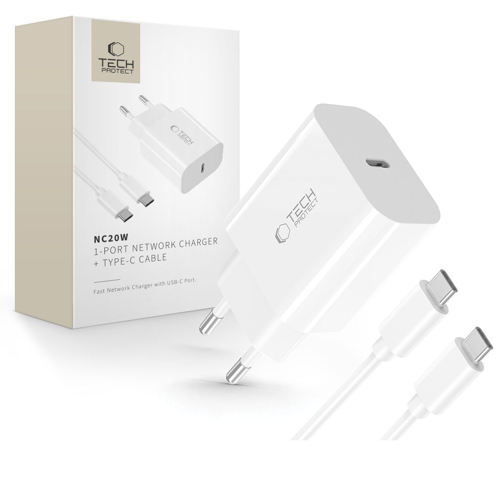 "Tech-Protect" NC20W PD20W USB-C sieninis įkroviklis su USB-C kabeliu - baltas