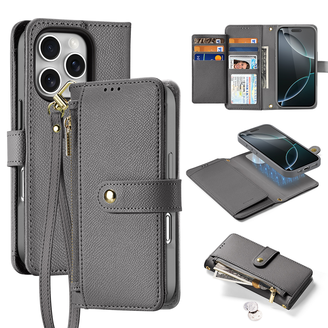 Dux Ducis Lawa iPhone 16 Pro odinis dėklas su nuimama magnetine pinigine - pilkas