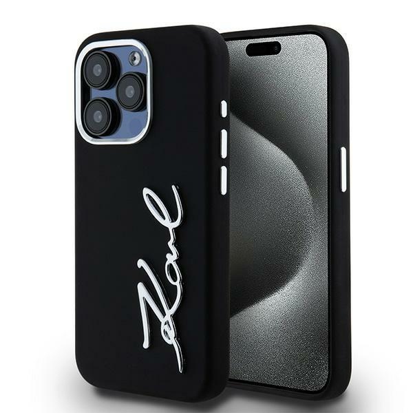 Karl Lagerfeld silikoninis metalinis scenarijaus logotipas dėklas telefonui iPhone 15 Pro Max - juodas