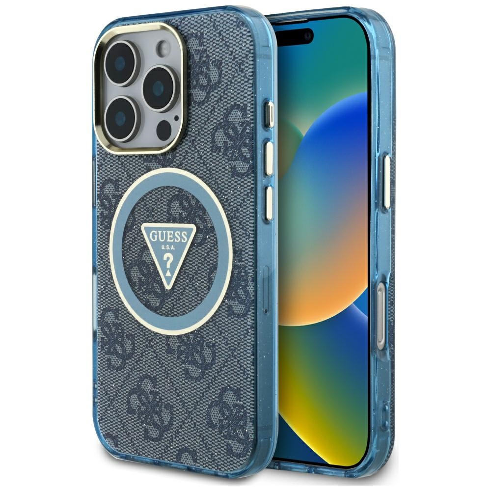 Guess IML Metal Glitter 4G Circle Triangle Magnetinis dėklas telefonui iPhone 16 Pro - mėlynas