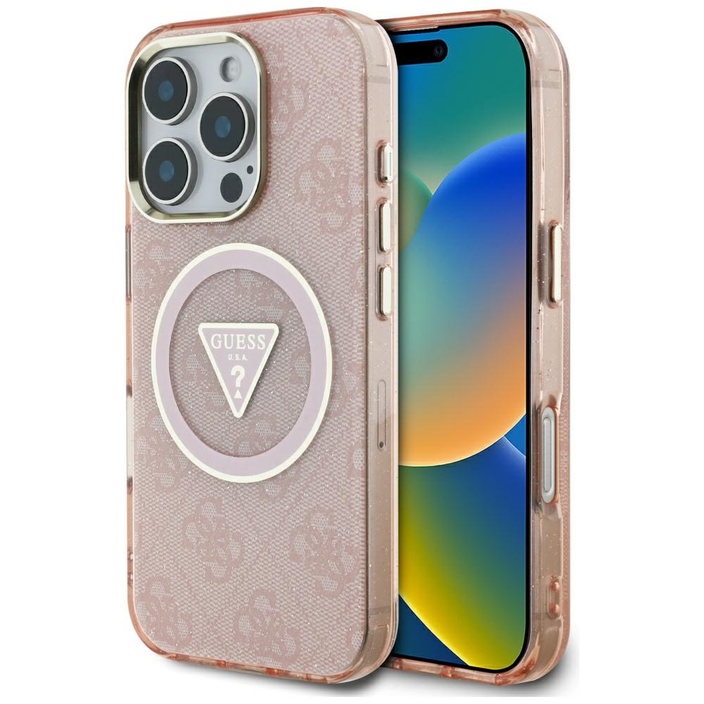 Guess IML Metal Glitter 4G Circle Triangle Magnetinis dėklas telefonui iPhone 16 Pro - rožinis