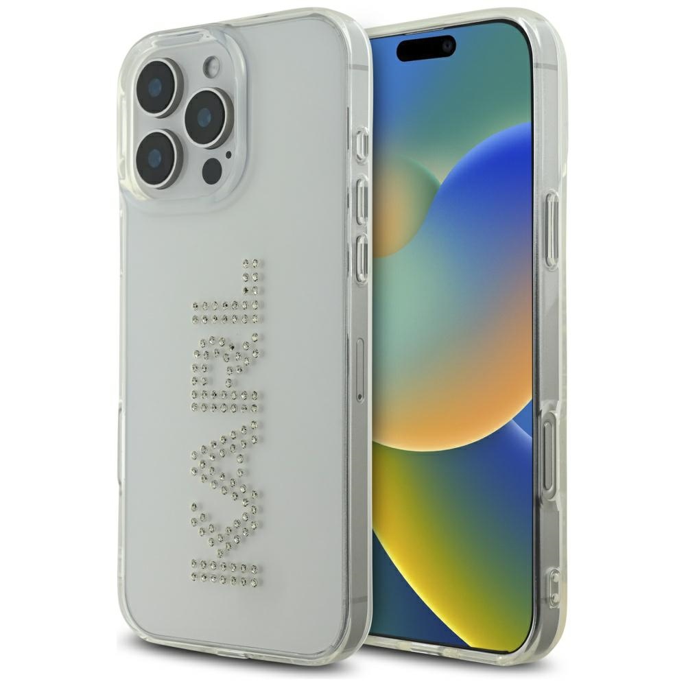 Karl Lagerfeld IML logotipo su kalnų krištolais dėklas telefonui iPhone 16 Pro - skaidrus