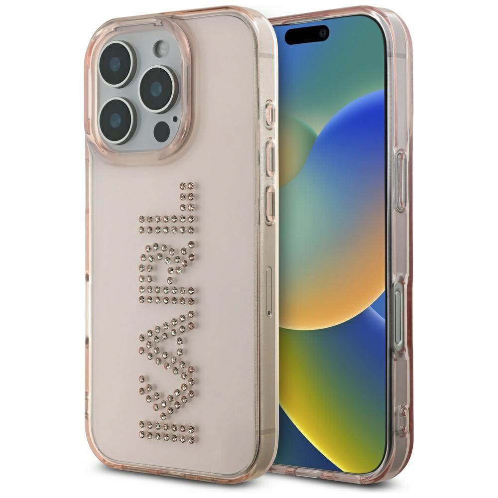 Karl Lagerfeld IML logotipo su kalnų krištolais dėklas telefonui iPhone 16 Pro - rožinis