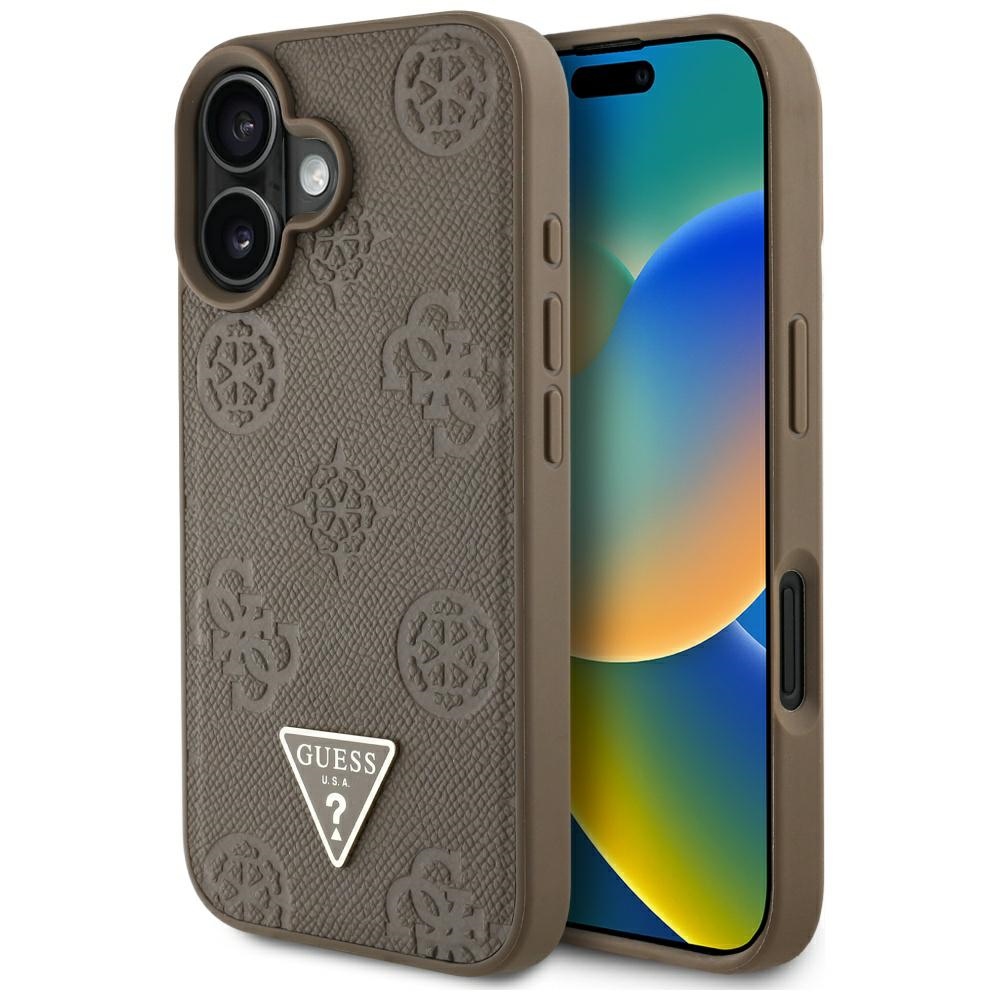 Guess Grained Hot Stamp Peony trikampio logotipo magnetinis dėklas telefonui iPhone 16 - rudas