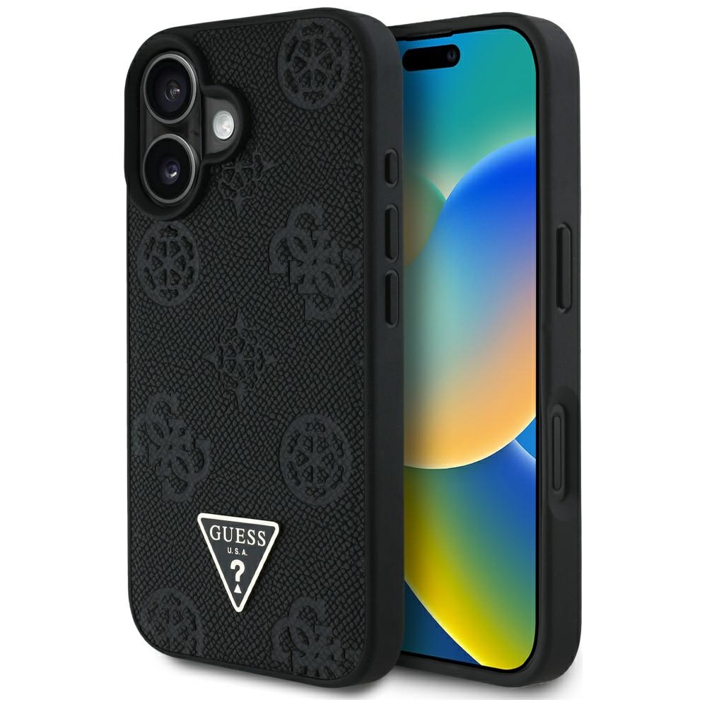 Guess Grained Hot Stamp Peony trikampio logotipo magnetinis dėklas telefonui iPhone 16 - juodas