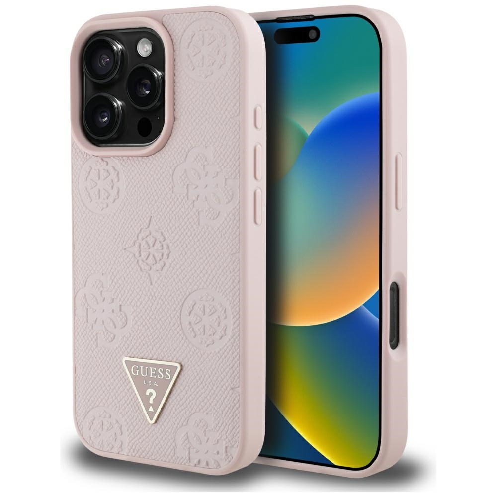 Guess Grained Hot Stamp Peony trikampio logotipo magnetinis dėklas telefonui iPhone 16 Pro - rožinis