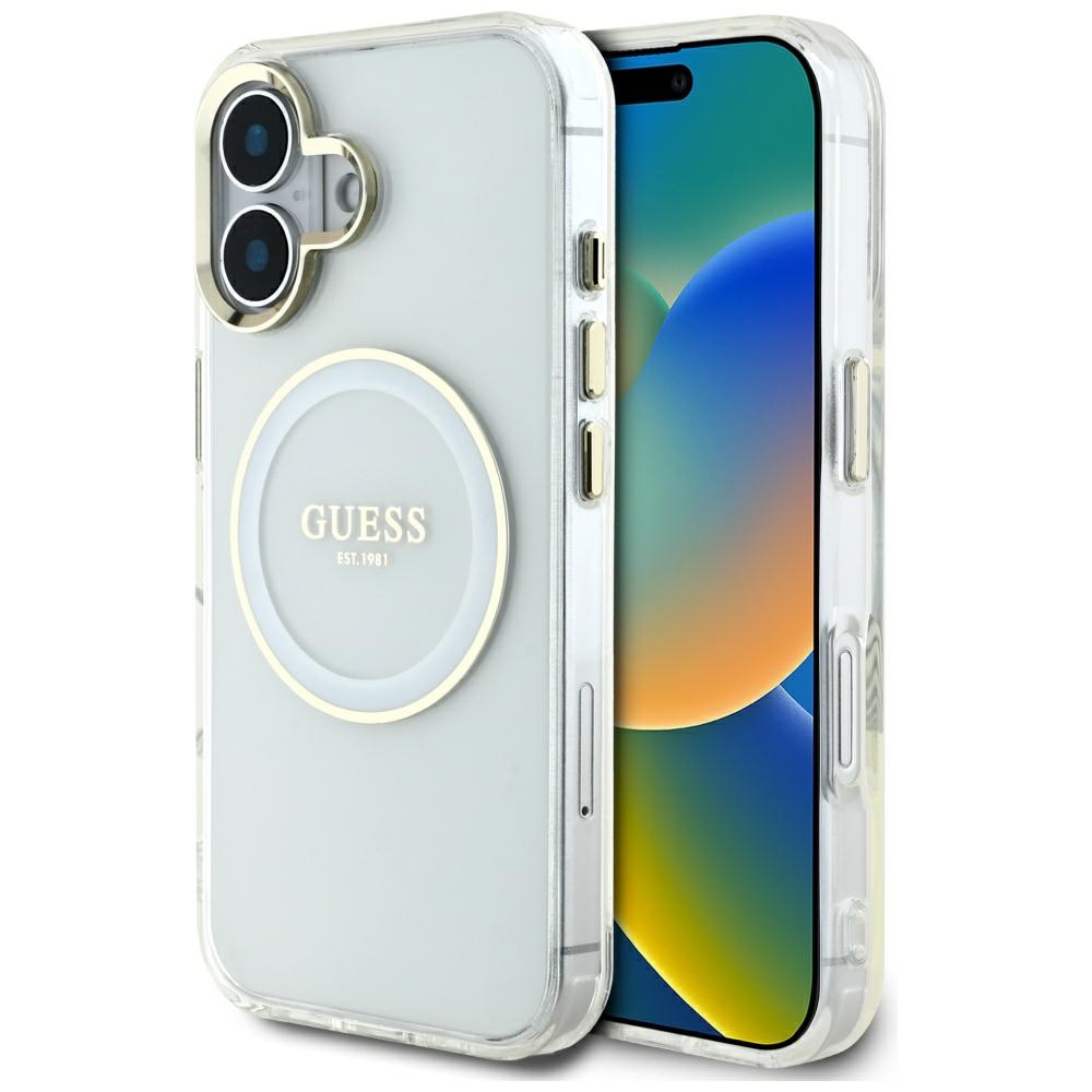 Guess IML Metal Colored Circle Classic Logo Magnetinis dėklas telefonui iPhone 16 - baltas