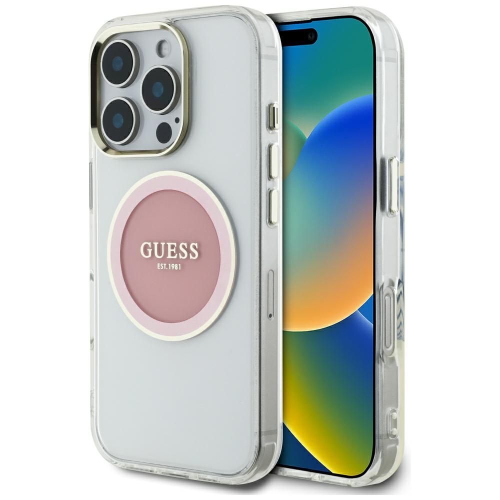 Guess IML Metal Colored Circle Classic Logo Magnetinis dėklas telefonui iPhone 16 Pro - rožinis