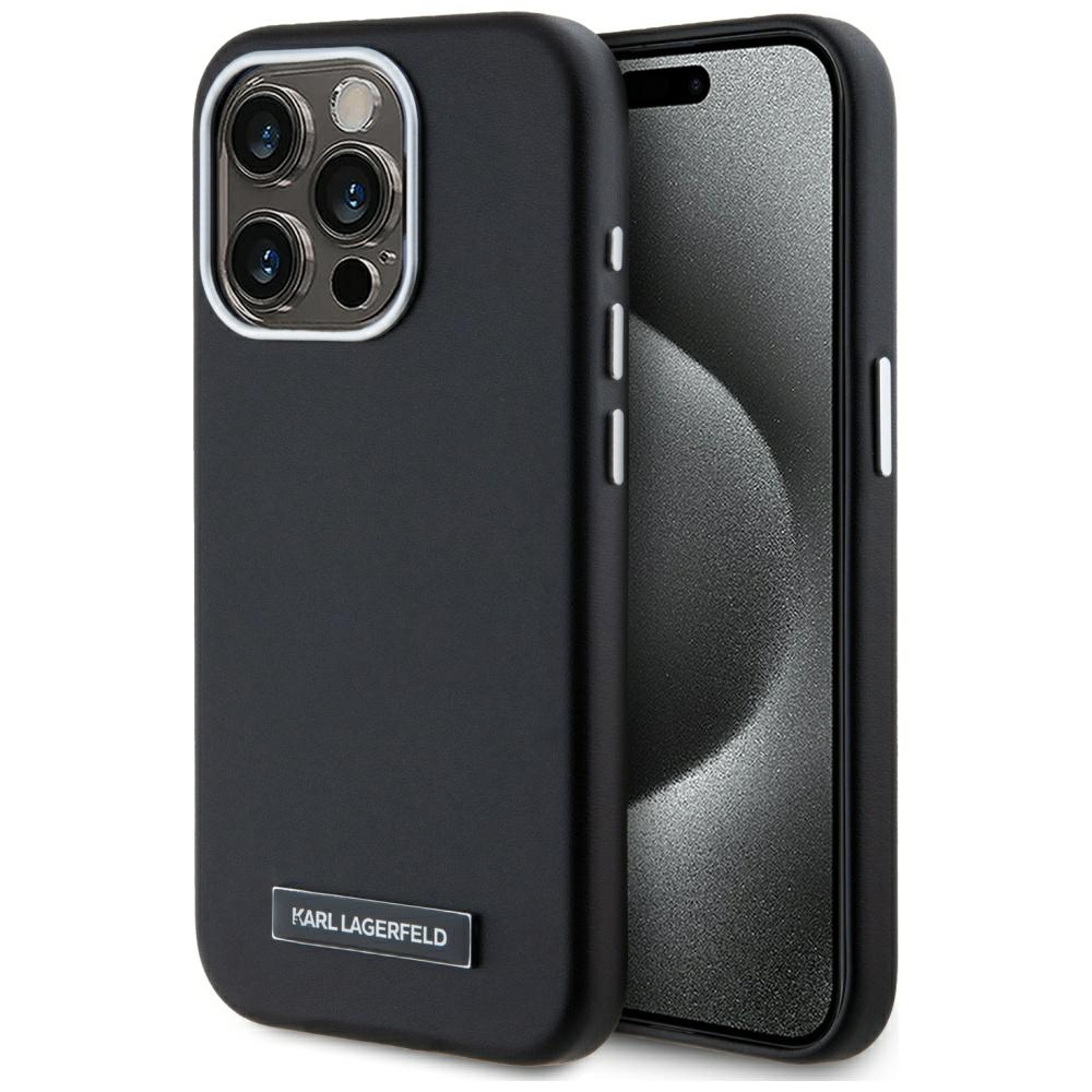 Karl Lagerfeld FW Metal Plate Magnetinis iPhone 15 Pro dėklas - juodas