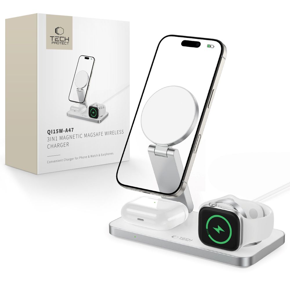 Tech-Protect QI15W-A47 MagSafe 3in1 indukcinis įkroviklis + USB-C kabelis - baltas