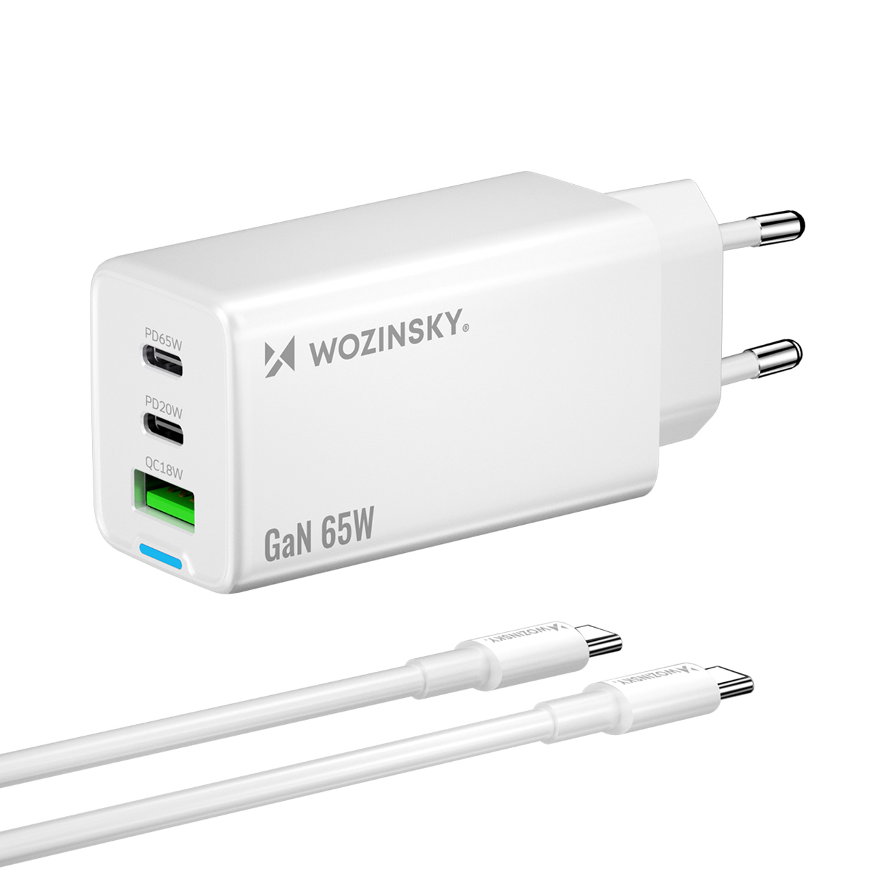Wozinsky GaN 65W įkroviklis su USB-A ir 2xUSB-C jungtimis bei 65W USB-C kabeliu - baltas