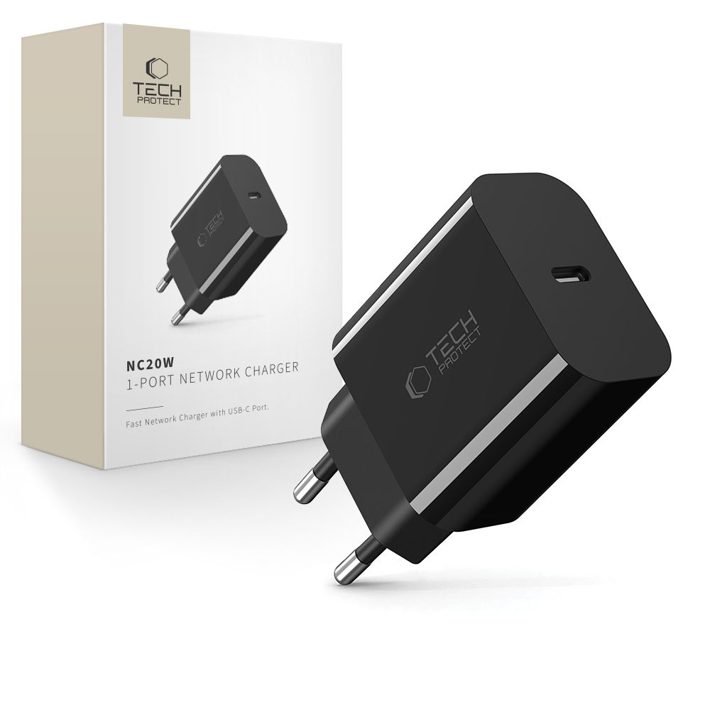 Tech-Protect NC20W USB-C 1 jungties PD20W sieninis įkroviklis – juodas