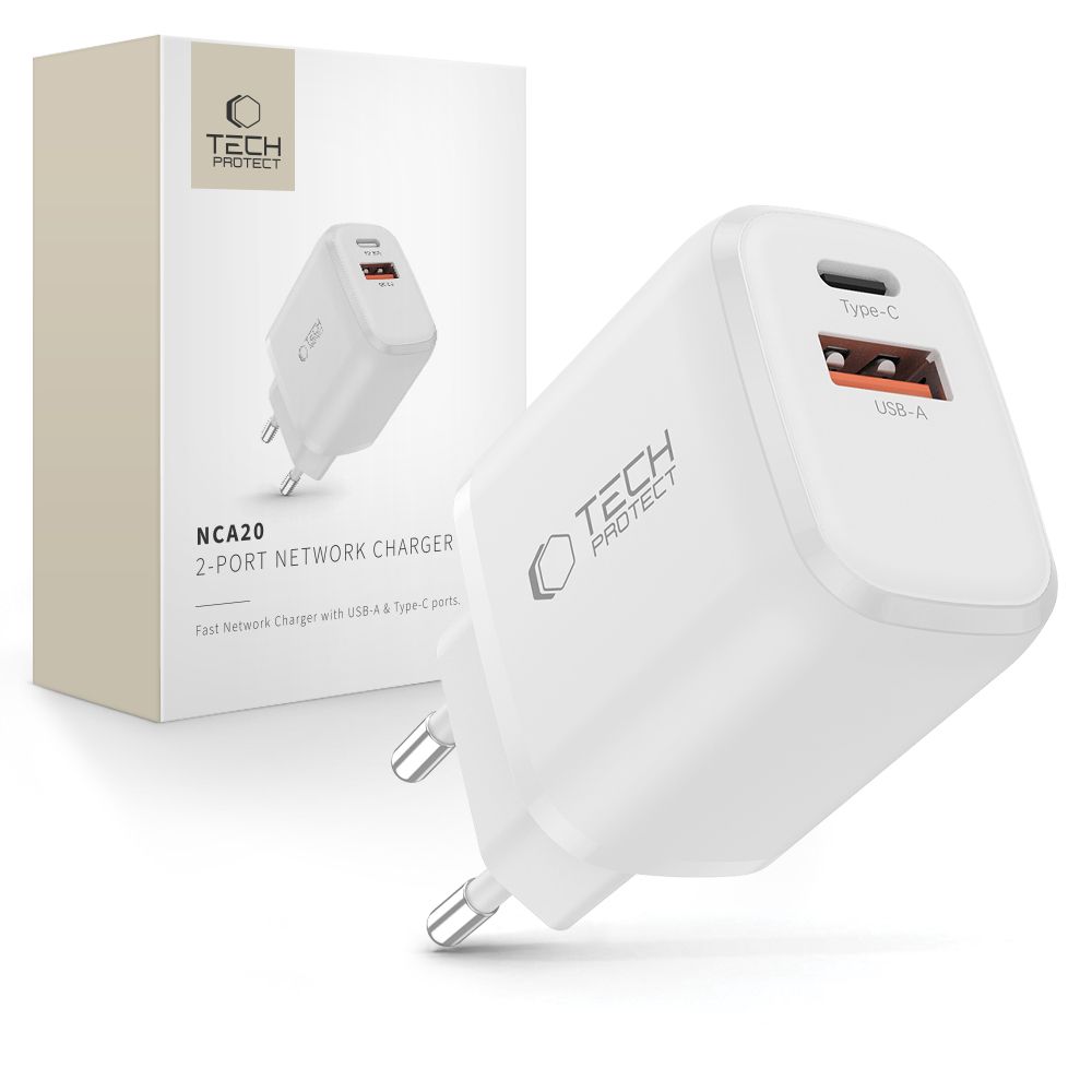 Tech-Protect NCA20 PD 20W QC3.0 USB-A / USB-C sieninis įkroviklis - baltas