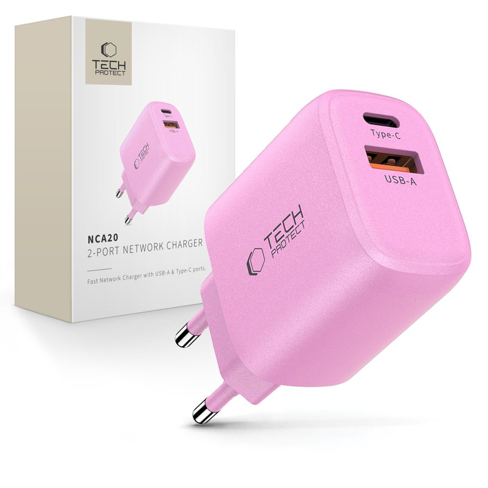 Tech-Protect NCA20 PD 20W QC3.0 USB-A / USB-C sieninis įkroviklis - rožinis