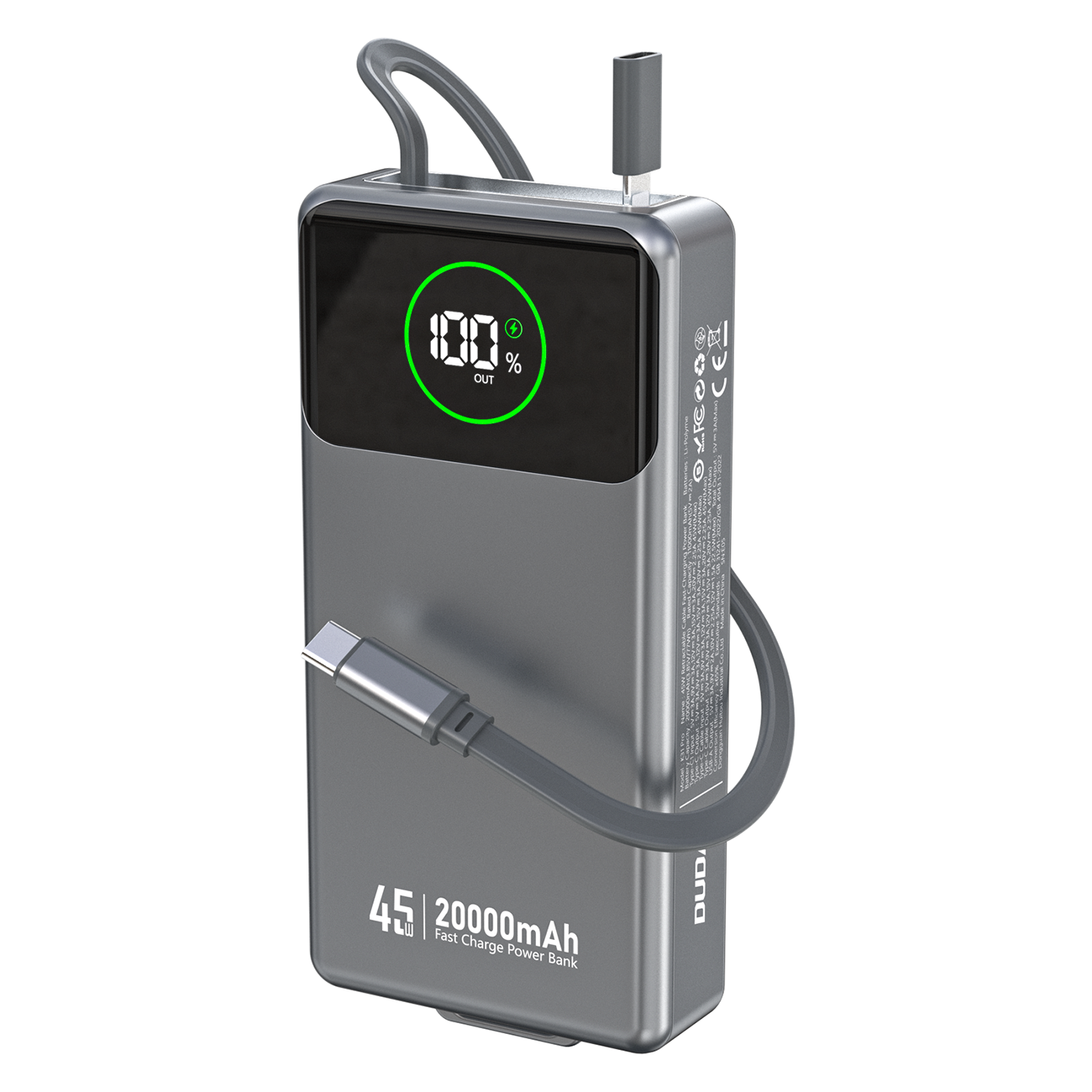 Dudao K31 Pro 45W 20000mAh išorinė baterija su įmontuotu ištraukiamu USB-C kabeliu - pilka