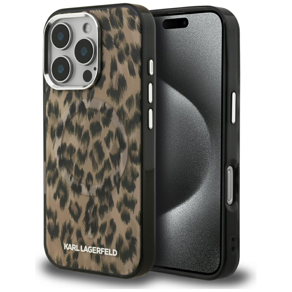 Karl Lagerfeld IML leopardinis raštas magnetinis dėklas iPhone 16 Pro Max - rudas