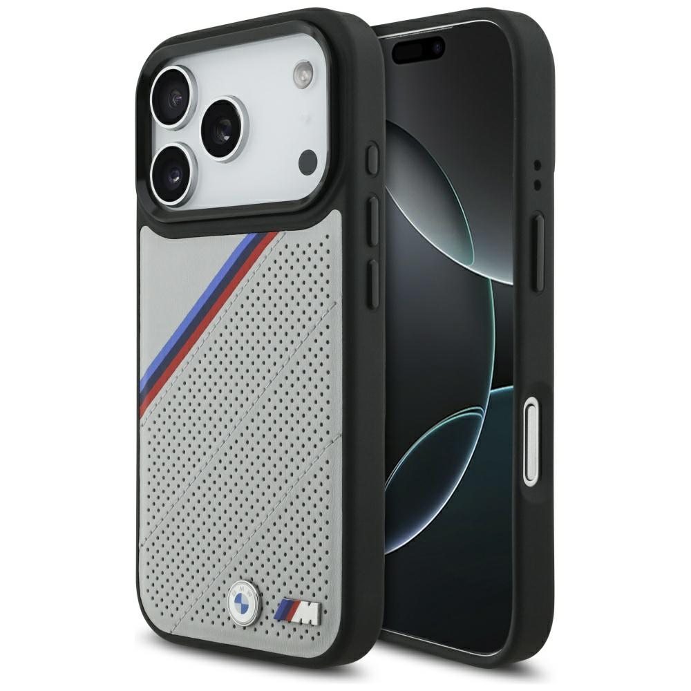 BMW M Tricolor Metal Logo MagSafe dėklas telefonui iPhone 17 Pro - pilkas