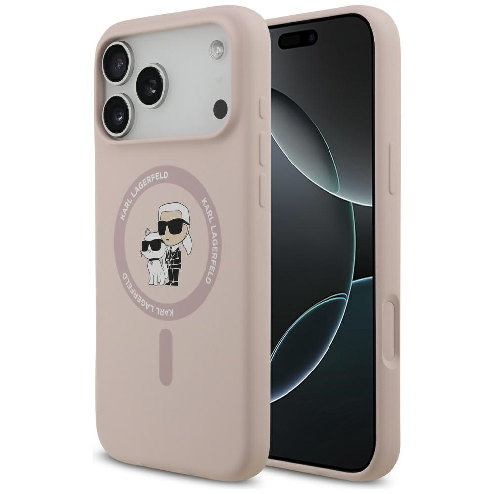 Karl Lagerfeld silikoninis Karl&Choupette žiedinis magnetinis dėklas telefonui iPhone 17 Pro Max - rožinis