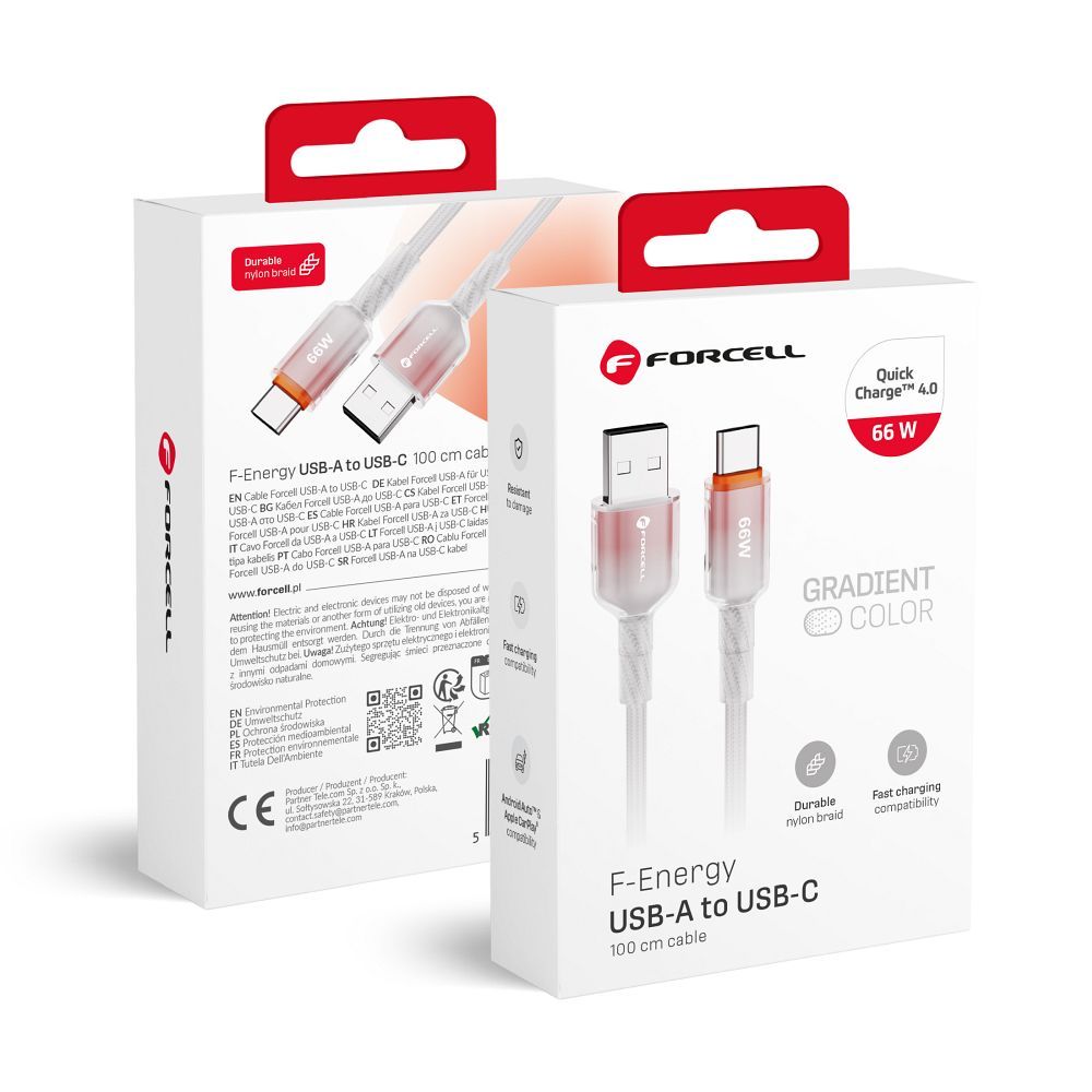 FORCELL F-ENERGY C352 kabelis USB A į Type C QC4.0 3A 66W Gradientinis 1 m baltas