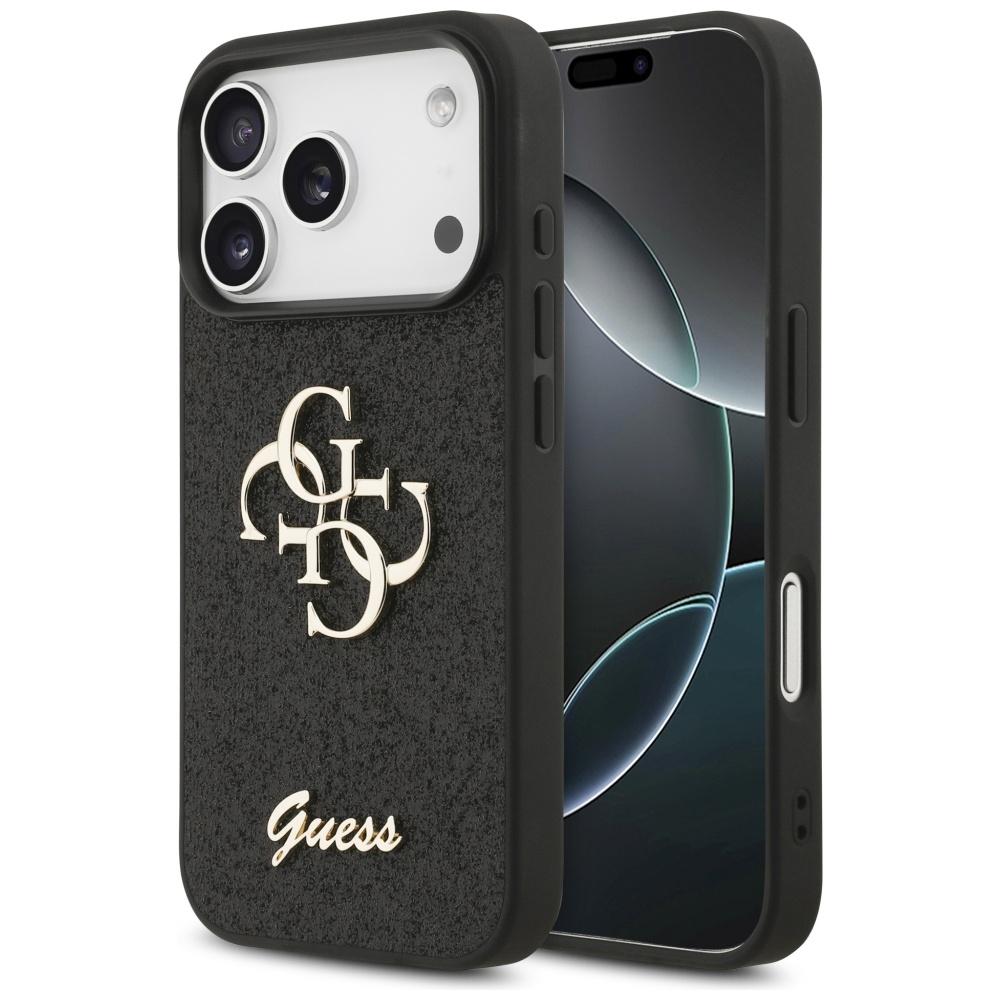 Guess Fixed Glitter Big 4G dėklas telefonui iPhone 17 Pro - juodas
