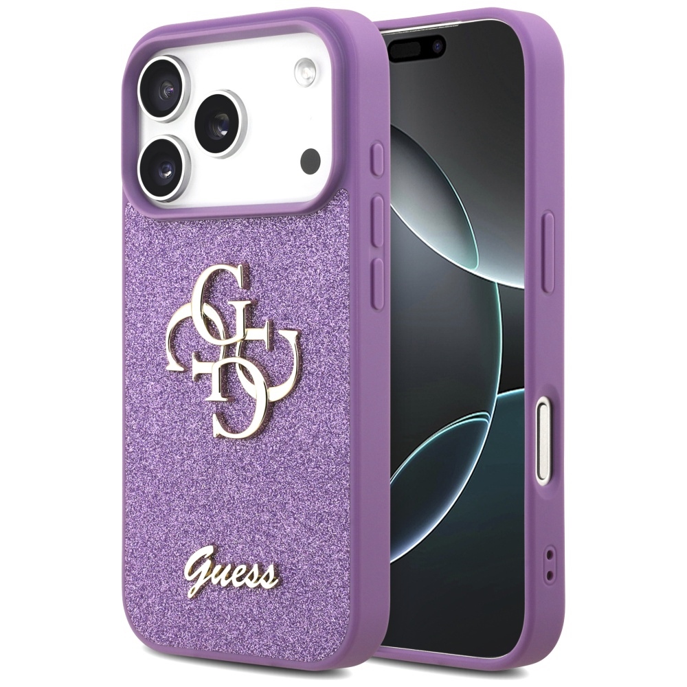 Guess Fiksuotas Blizgus Didelis 4G dėklas telefonui iPhone 17 Pro - violetinė