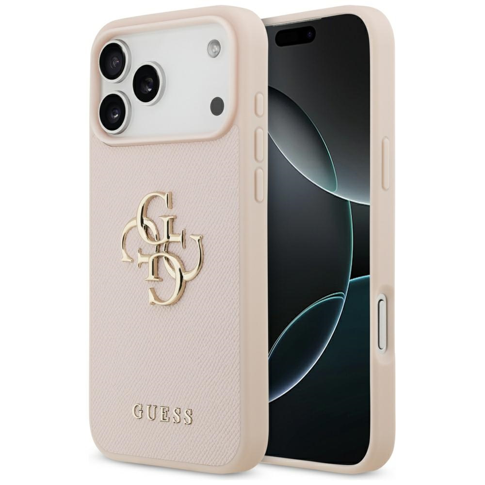 Guess Grūdėtas Didelis 4G ir Klasikinis Logotipas dėklas telefonui iPhone 17 Pro Max - rožinis