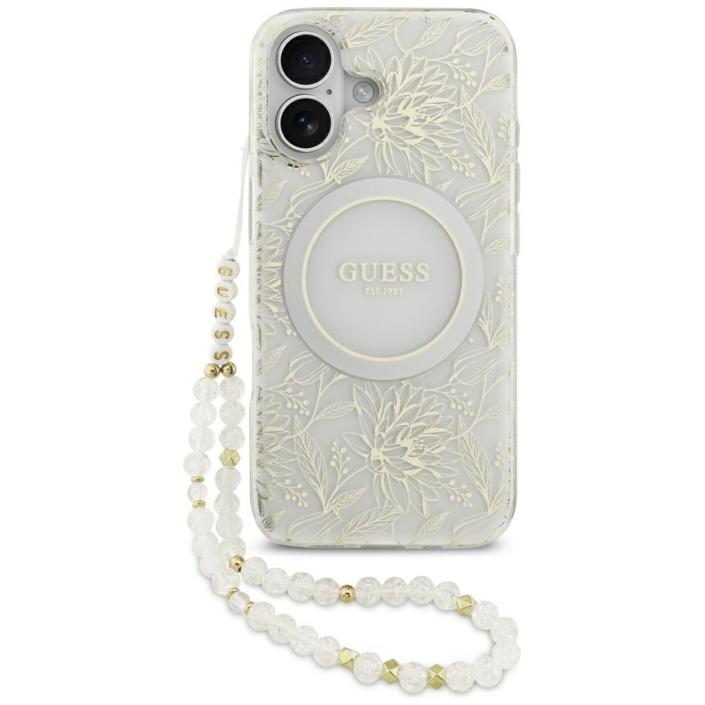 Guess IML Flowers Electro Pearl Strap MagSafe dėklas telefonui iPhone 17 - baltas