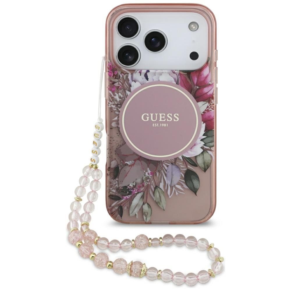 Dėklas Guess IML Flowers Strap MagSafe Apple iPhone 17 Pro rožinis