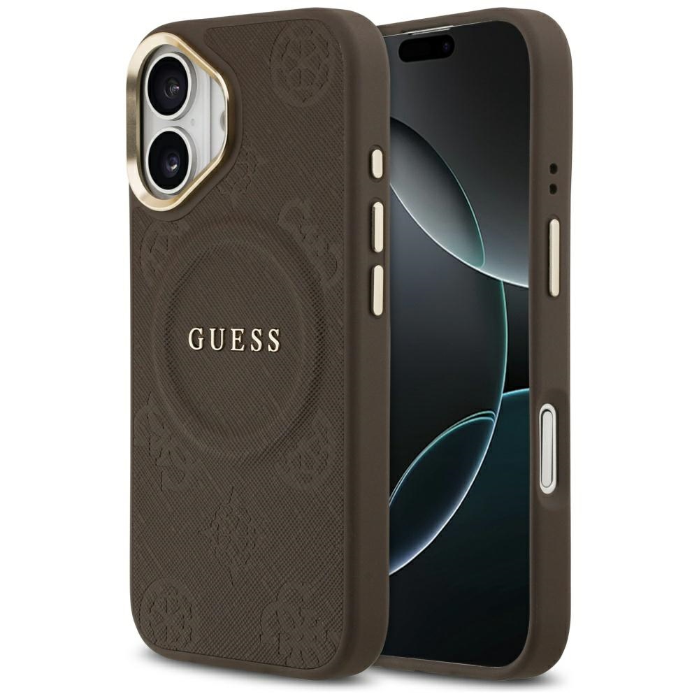 GUESS dėklas telefonui IPHONE 17, suderinamas su MagSafe GUHMP17SPSAMSECW (PU W/ Peony Hot Stamp) rudas