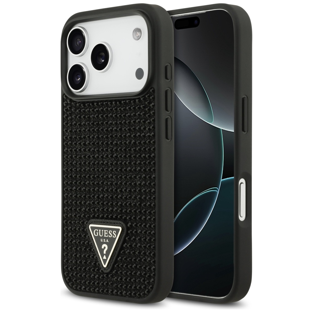 Guess Rhinestone Triangle Logo dėklas telefonui iPhone 17 Pro - juodas