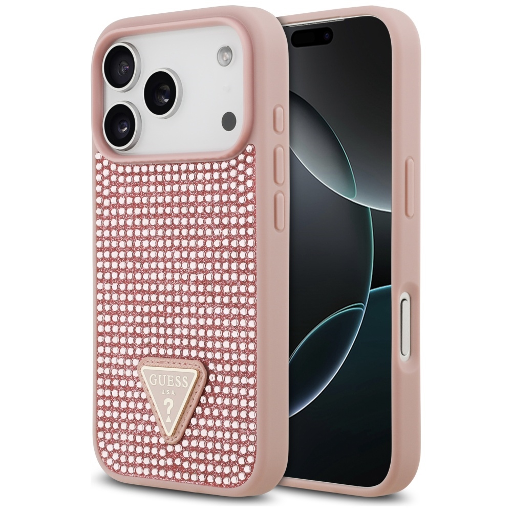 Guess dėklas telefonui iPhone 17 Pro su krištolinio trikampio logotipu - rožinis