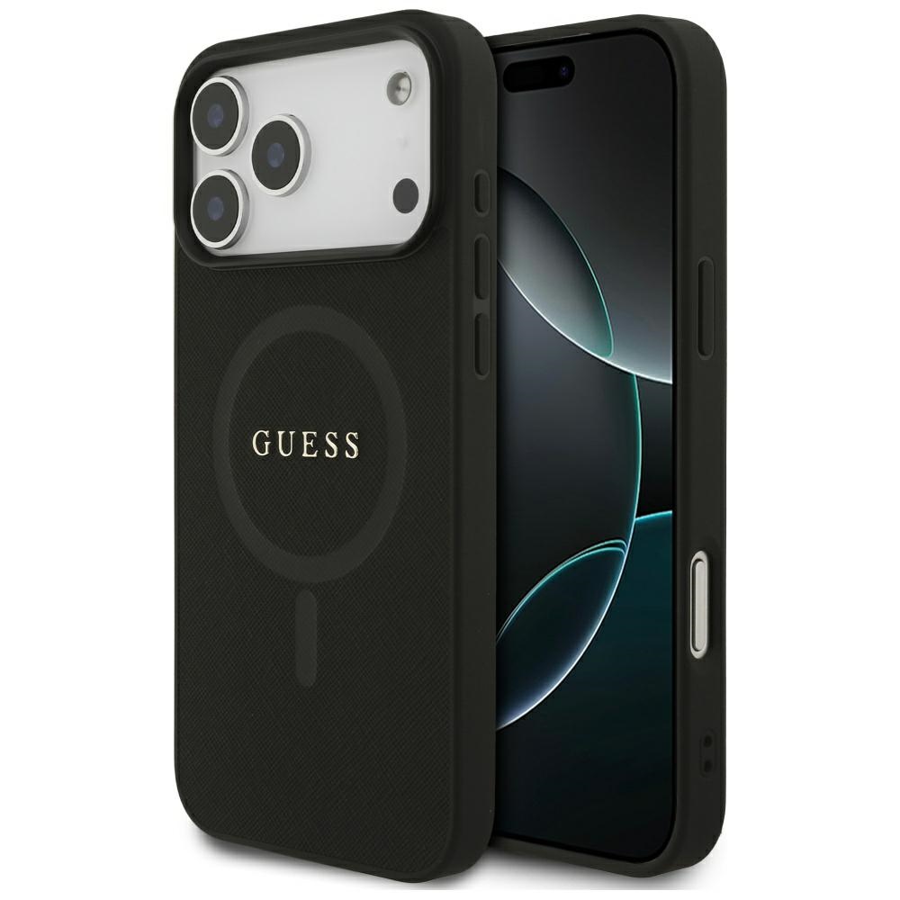 Guess Saffiano klasikinis MagSafe dėklas telefonui iPhone 17 Pro Max su logotipu - juodas