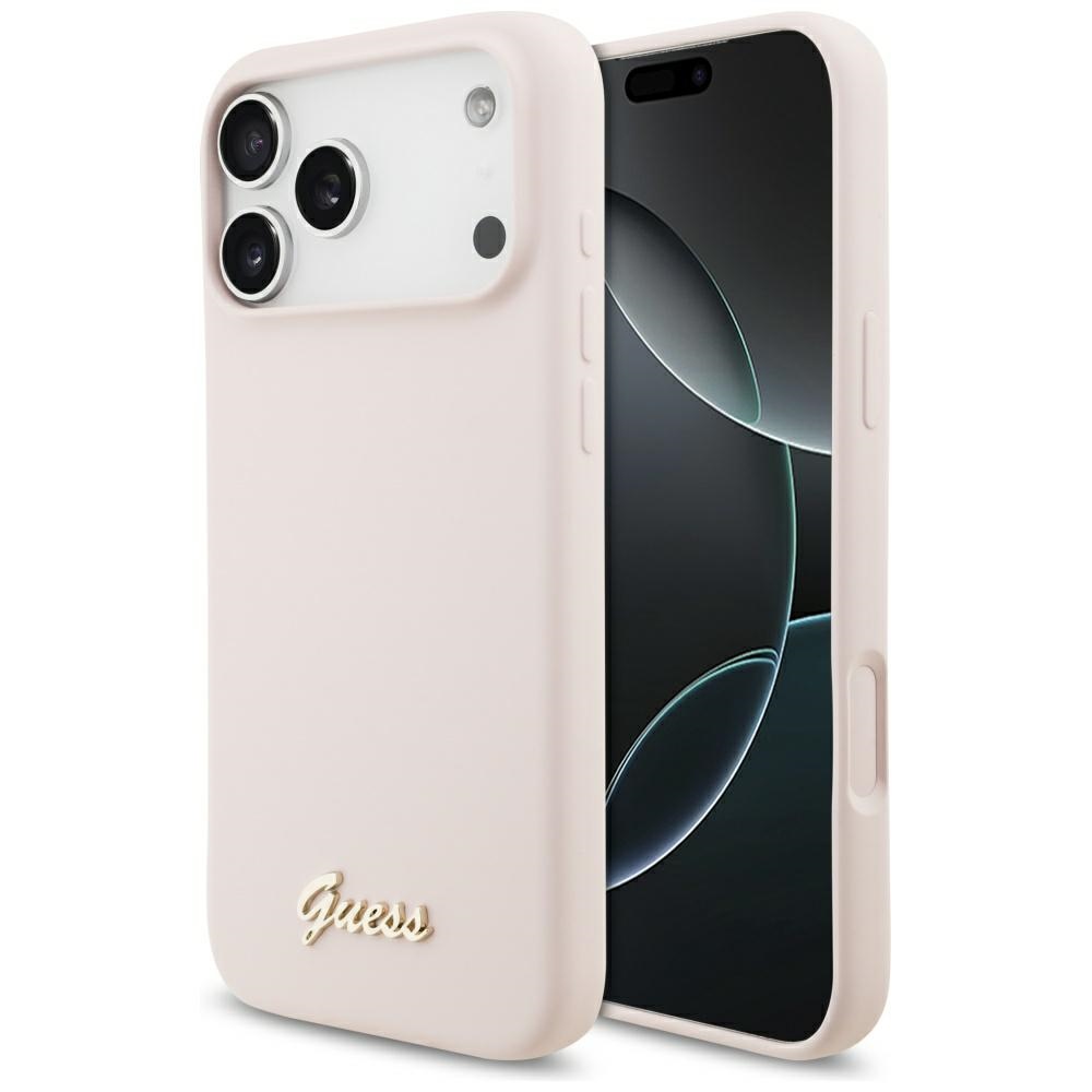 Guess Silikoninis Raštas Metalinis Logo Magnetinė dėklas telefonui iPhone 17 Pro Max - Rožinė