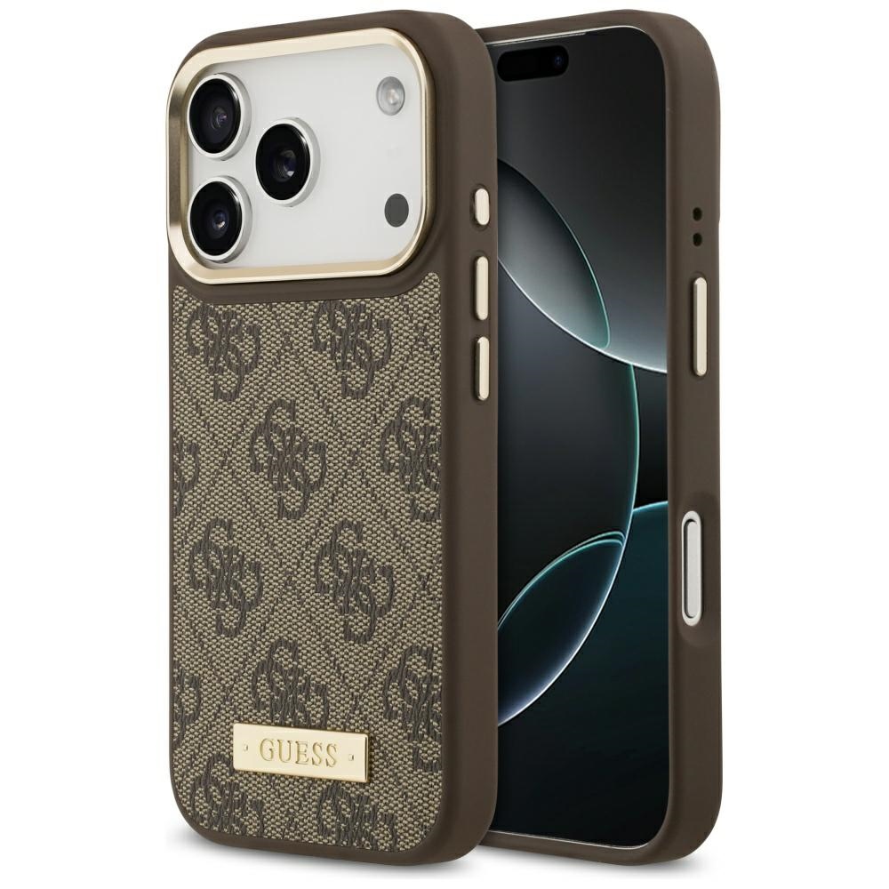 Guess 4G Logo Plate Magnetinis dėklas iPhone 17 Pro - rudas