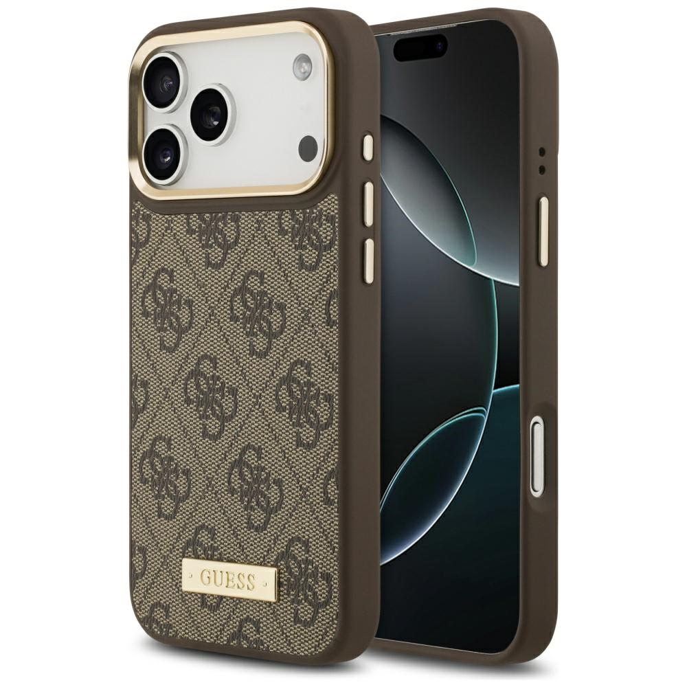 Guess 4G Logo Plate Magnetinis dėklas iPhone 17 Pro Max - rudas