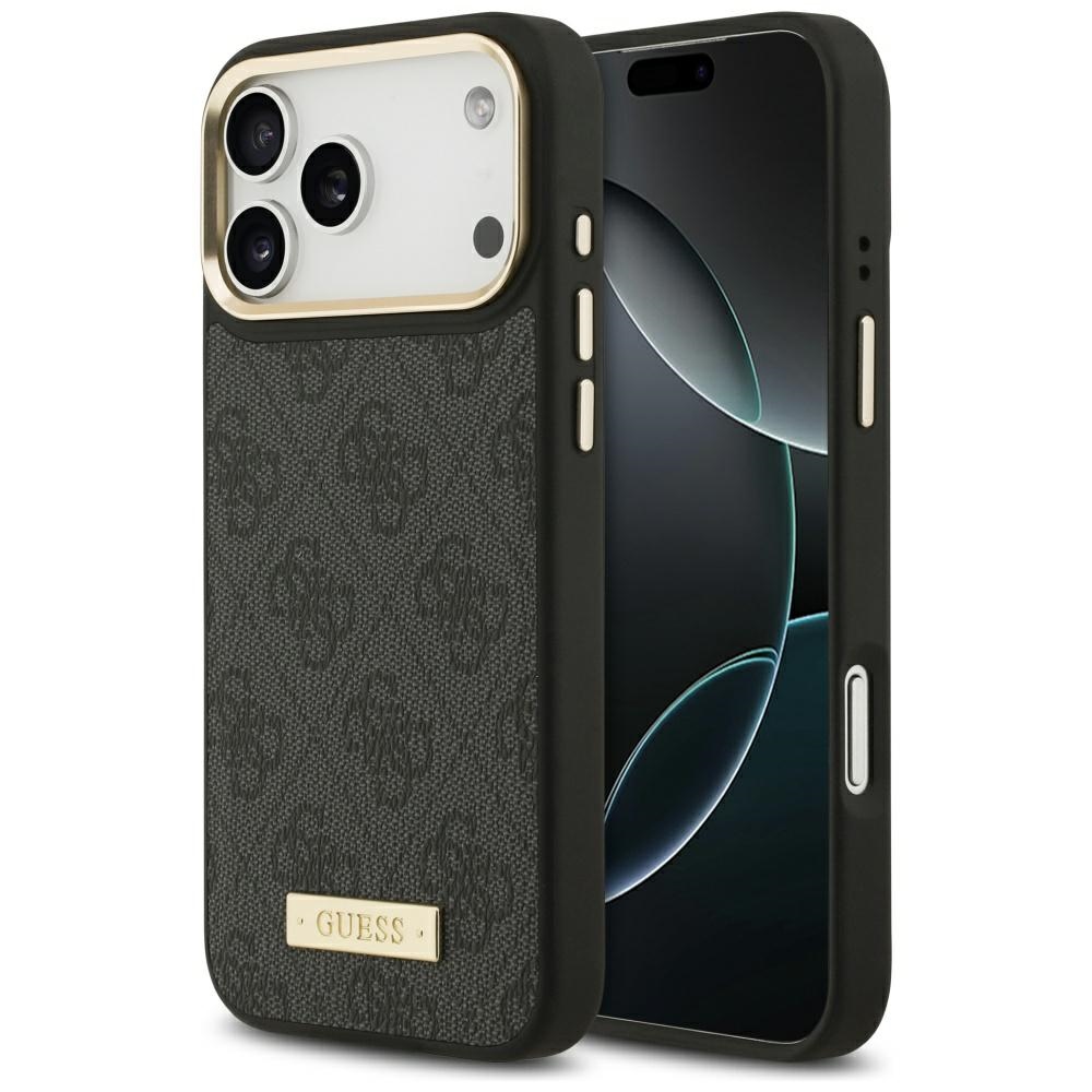 Guess 4G Logo Plate Magnetinis dėklas iPhone 17 Pro Max - juodas