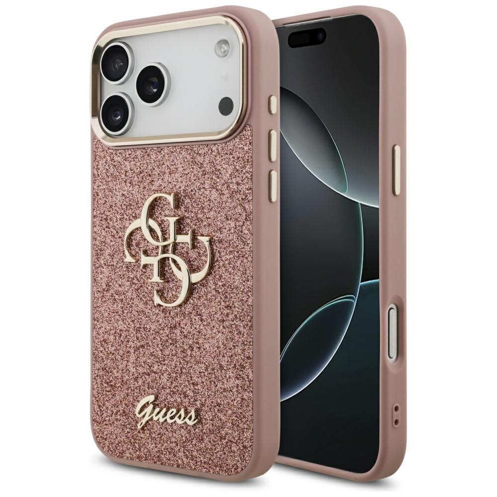 Guess Fiksuotas Blizgus Didelis 4G Metalinis rėmas dėklas telefonui iPhone 17 Pro Max - rožinis