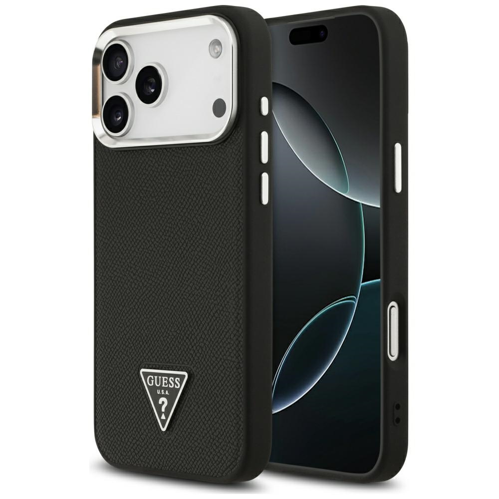 Guess Grūdėtas Trikampio logotipas Magnėtinis dėklas telefonui iPhone 17 Pro Max - juodas