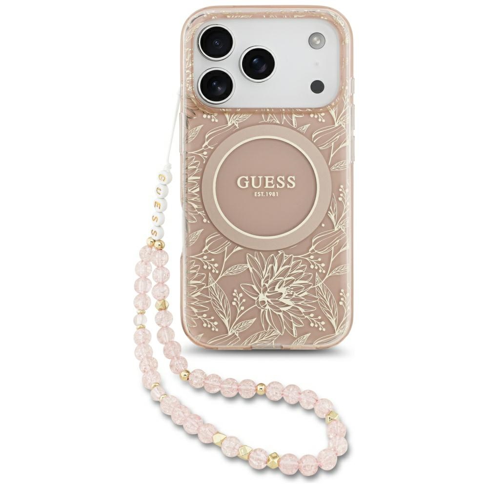 Guess IML Flowers Electro Pearl Strap MagSafe dėklas telefonui iPhone 17 Pro - rožinis