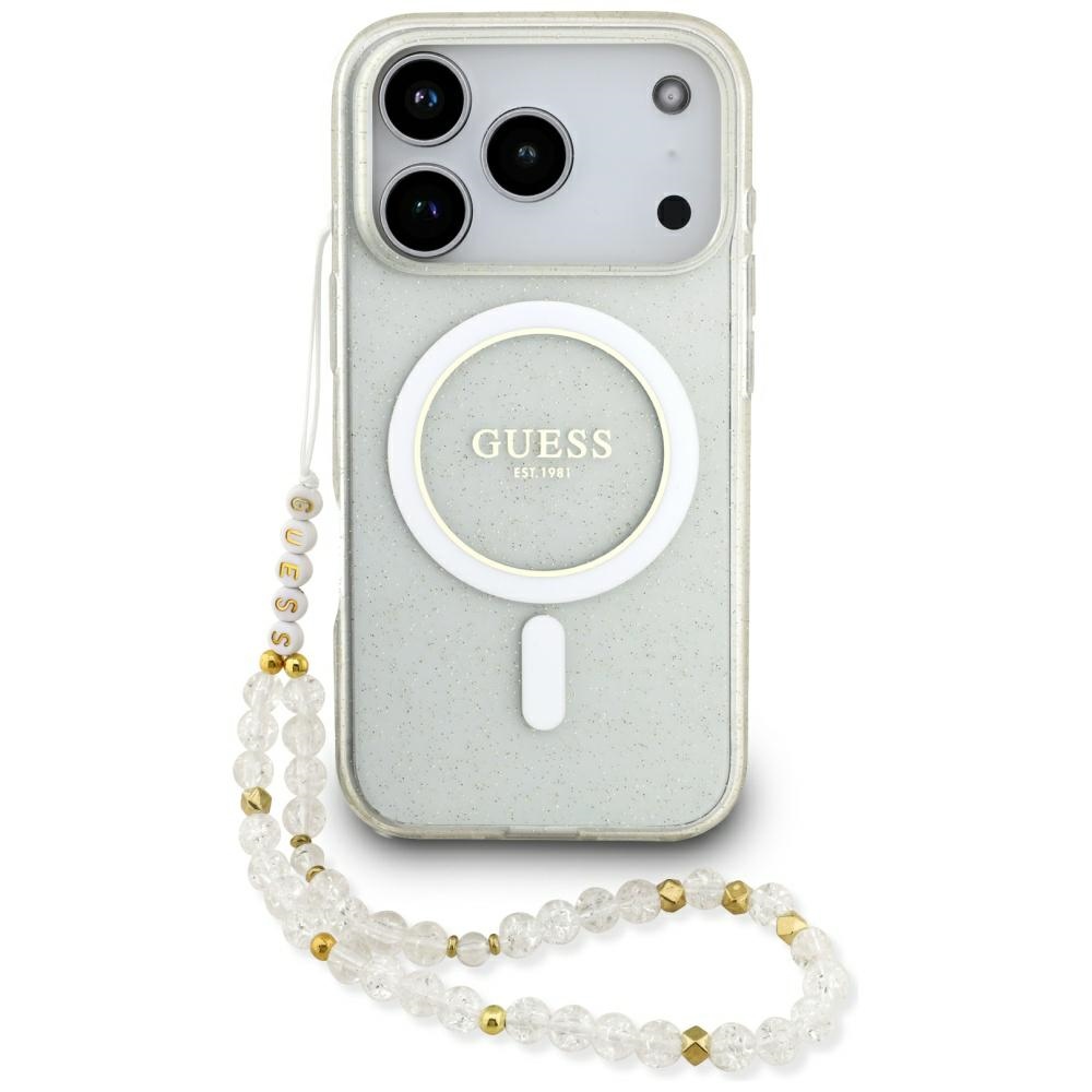 Guess IML Glitter Pearl Strap MagSafe Case for iPhone 17 Pro - Transparent