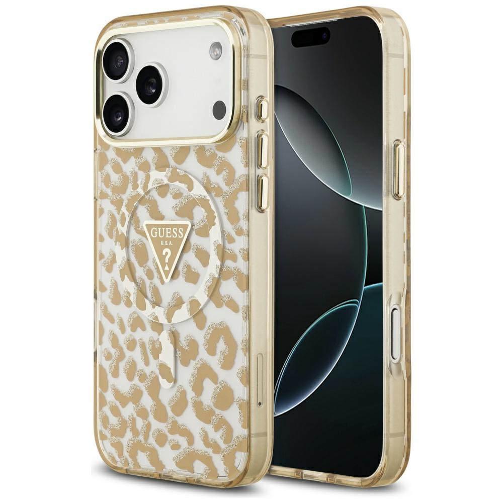 Guess Leopard Glitter Magnetinis dėklas telefonui iPhone 17 Pro Max - ruda