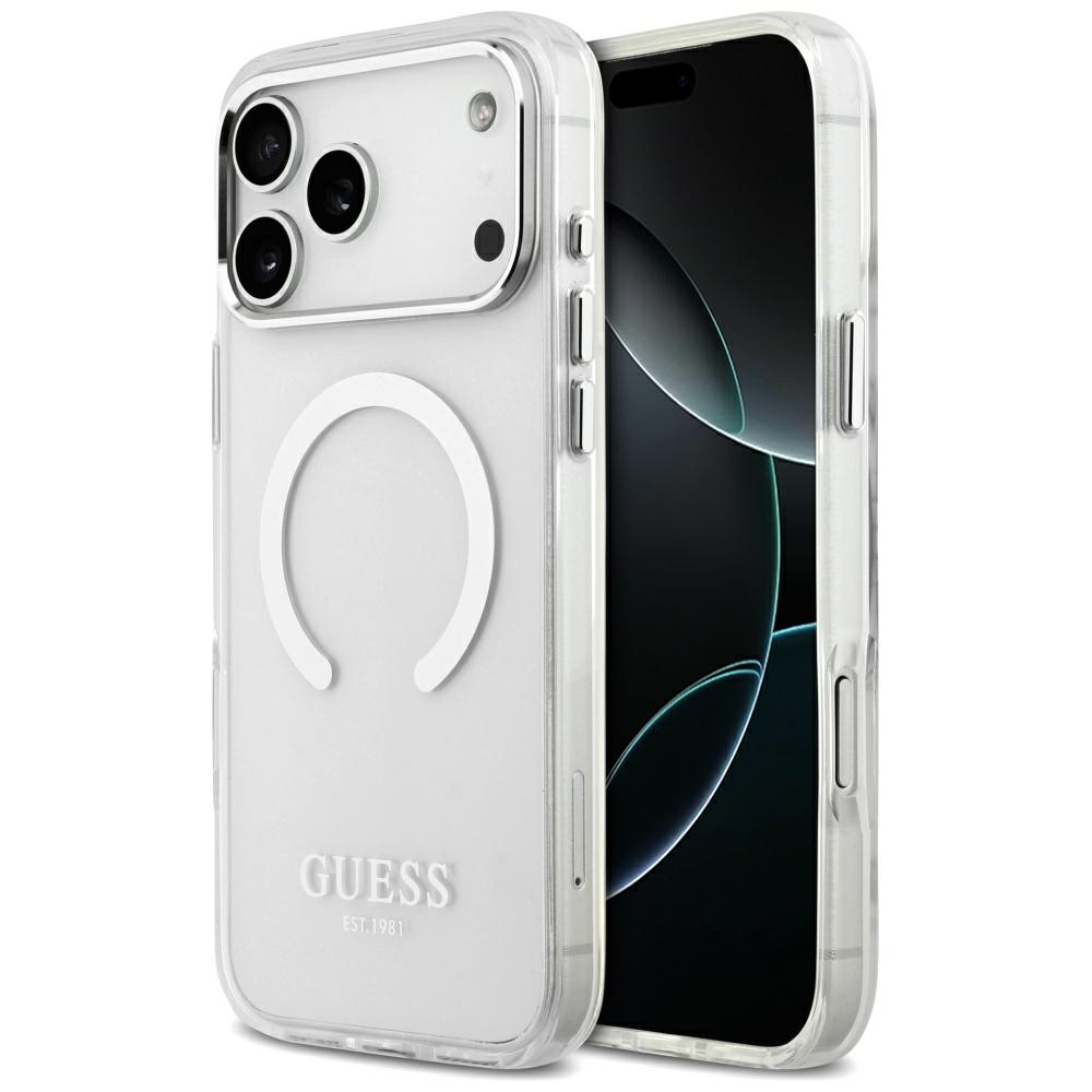 Guess Metal Outline Magnetinis dėklas telefonui iPhone 17 Pro Max - sidabrinis