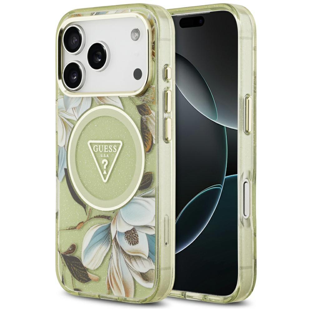 GUESS dėklas telefonui IPHONE 17 Pro Max, suderinamas su MagSafe GUHMP17XHFLPEDN (IML metalizuotos blizgios gėlės trikampis) žalias