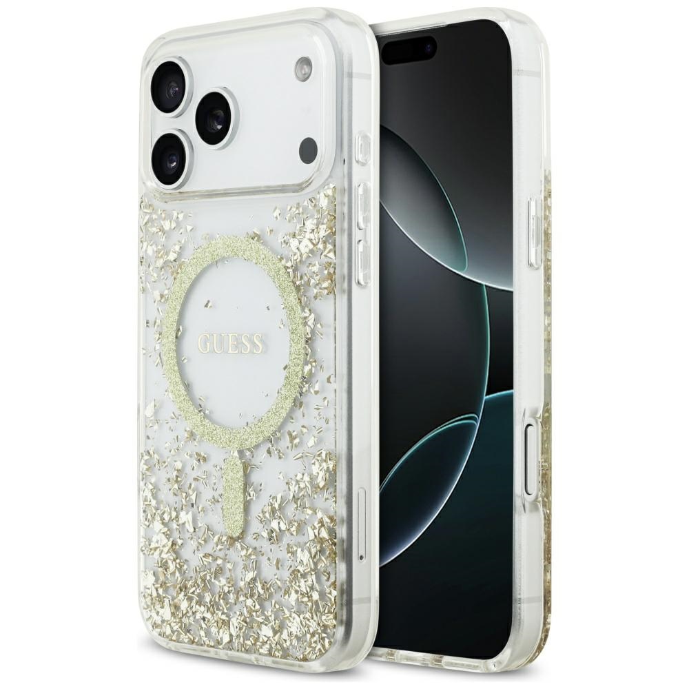 GUESS dėklas telefonui IPHONE 17 Pro Max, suderinamas su MagSafe GUHMP17XRGRGED (dervos apačia su blizgučiais) auksinis