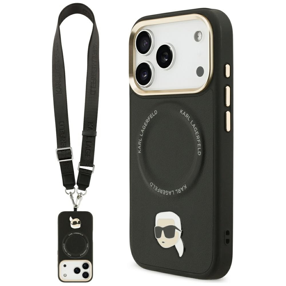 Karl Lagerfeld Big Strap Karl metalinio logotipo Magnetinis dėklas telefonui iPhone 17 Pro - juodas