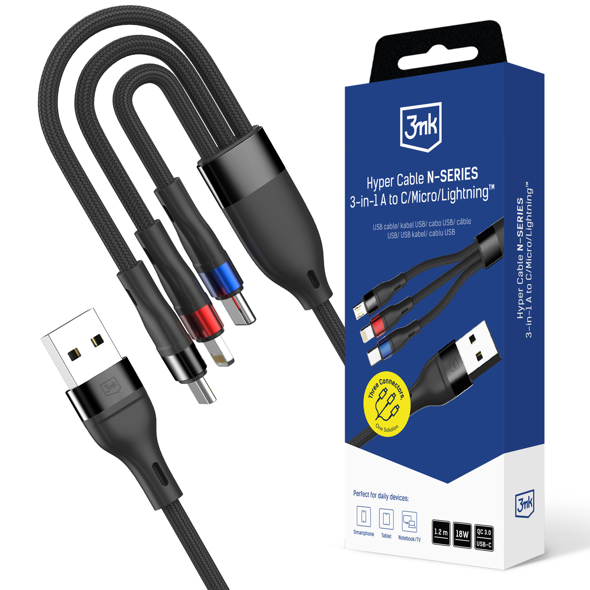 3mk Hyper Cable N-SERIES 3 in 1 USB-A / Lightning / Micro 1,2 m 9V/2A 18W - juodas
