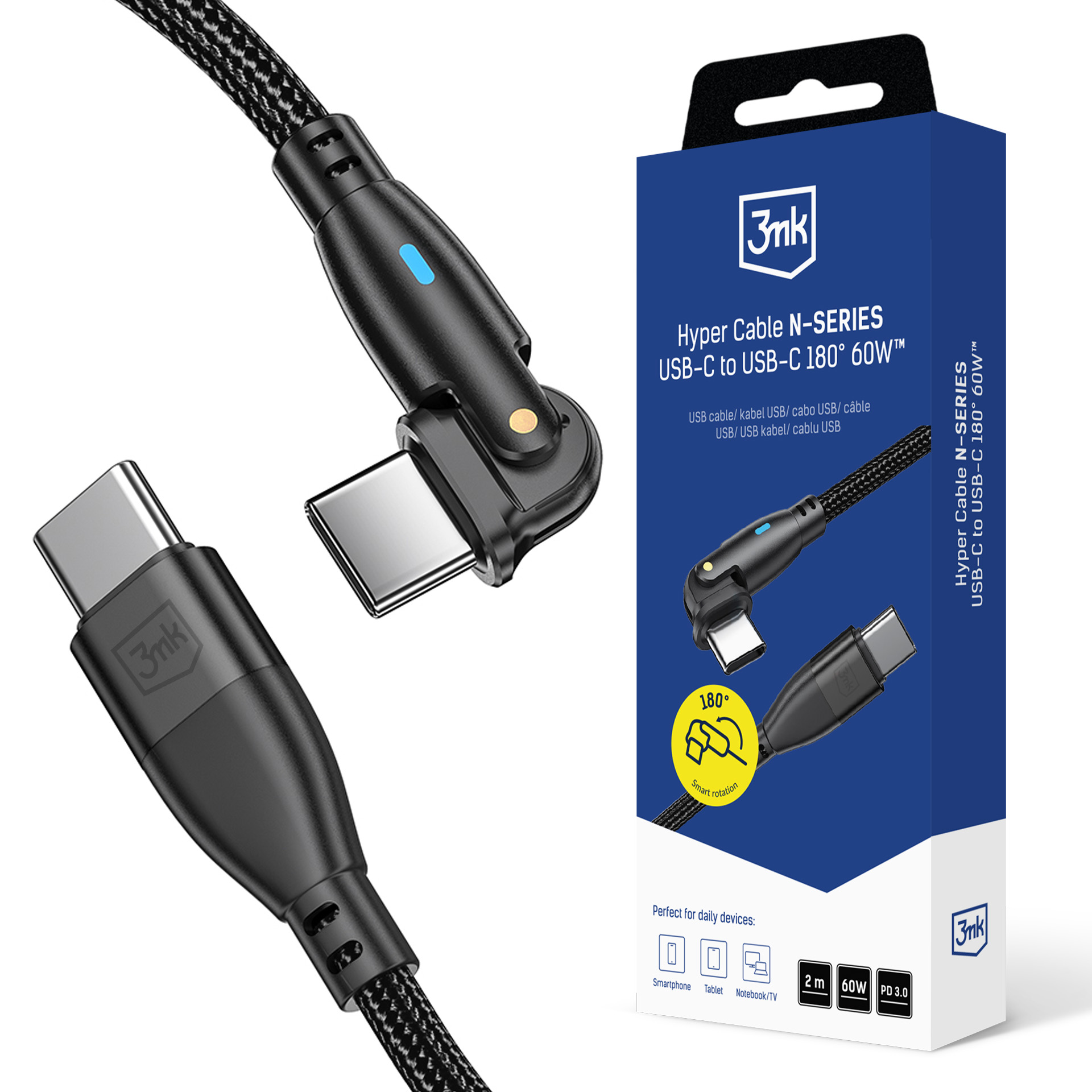 3mk Hyper Cable N-SERIES Кабель USB-C / USB-C 2м 20V/3A 60W - чёрный