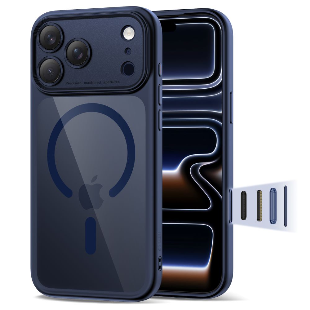 "Tech-Protect Magpeak Magsafe CC" dėklas "iPhone 17 Pro Max" - skaidrus, tamsiai mėlynas