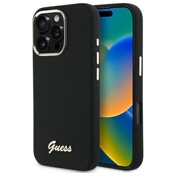 "Guess" silikoninis korpusas su metaliniu logotipu ir rėmeliu, skirtas "iPhone 16 Pro Max" - juodas