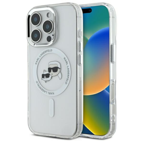 Karl Lagerfeld IML Metal Karl&Choupette Head magnetinis dėklas telefonui iPhone 16 Pro - baltas